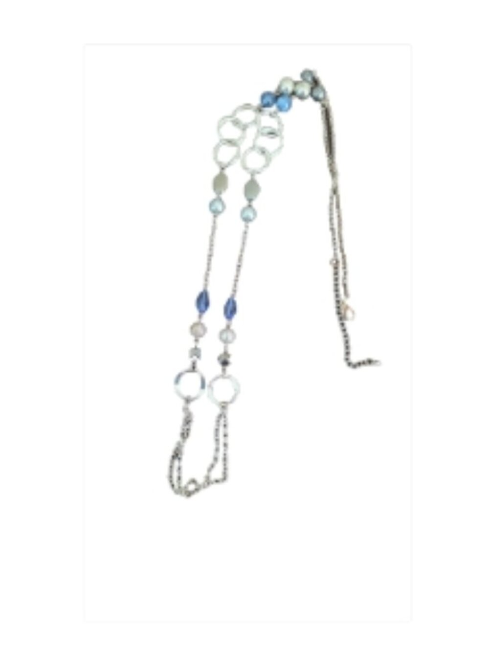 Necklace features long silver-tone metal rings with light blue and white beads,
